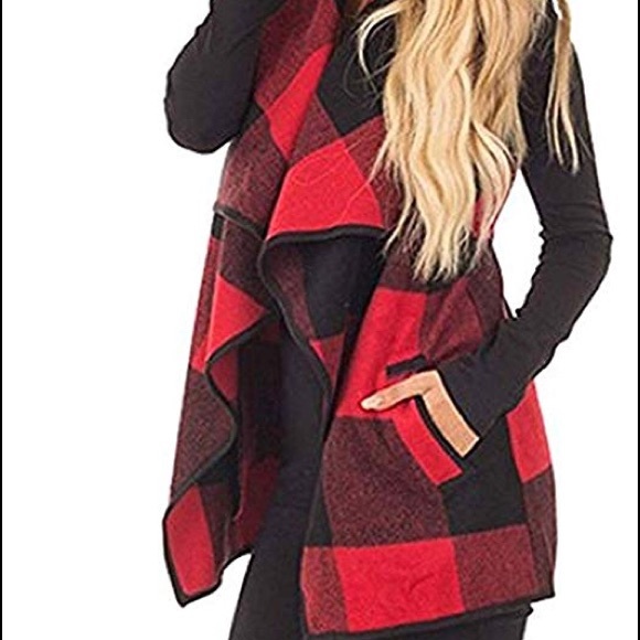 π Sleeveless Vest Plaid Drape Open Front Cardigan - Picture 3 of 3